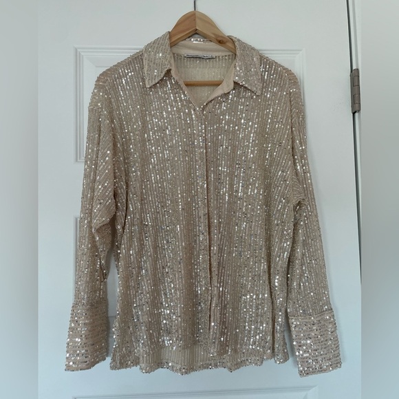 Abercrombie & Fitch Sequin Button Down Shirt, Gold/Champagne, small - Picture 7 of 7